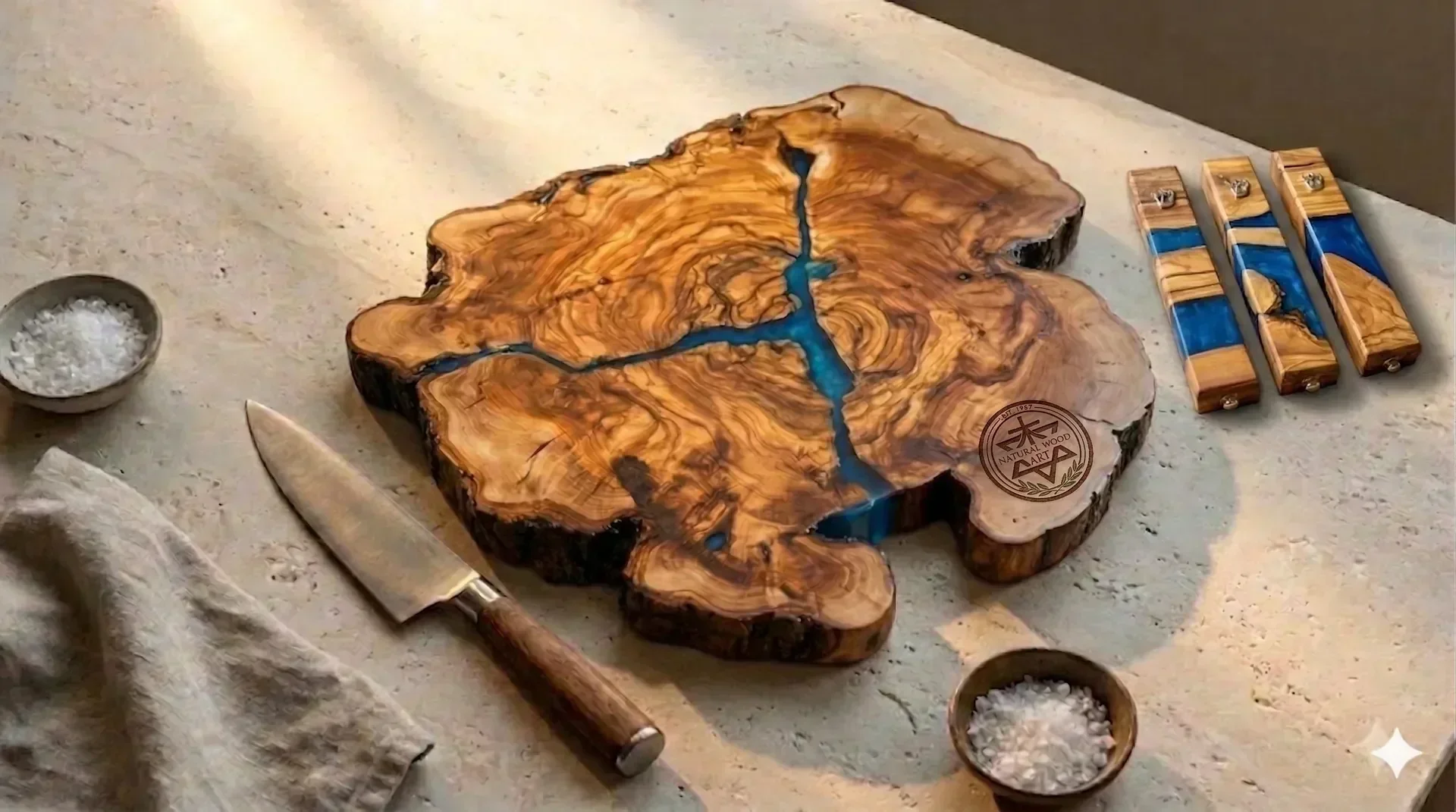 Planche à découper artisanale en bois d'olivier avec résine époxy bleue et mezouzah sculpturale sur pierre pâle
