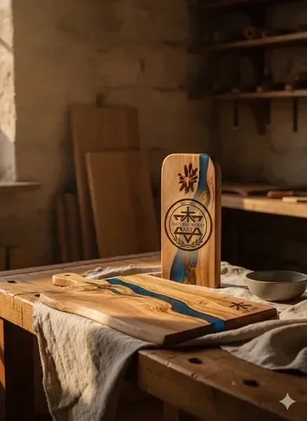 Planche à découper et mezouzah en bois d'olivier artisanales avec résine époxy bleue dans un cadre d'atelier chaleureux