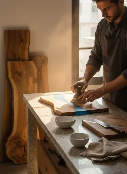 Studio view of olive wood slabs, sanding dust, and a finished epoxy resin cutting board in a woodworking workshop