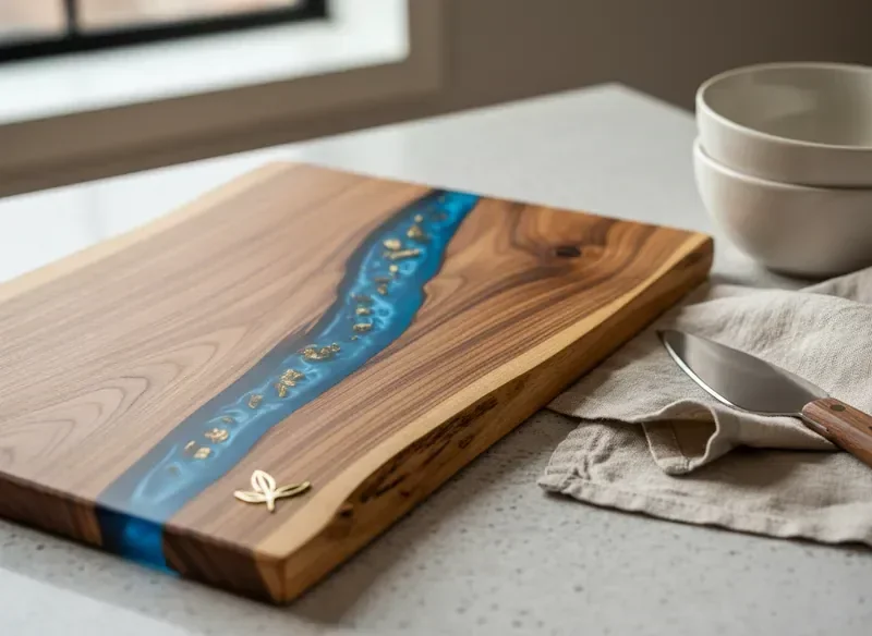 Close-up of acacia wood grain showing bold warm caramel tones and strong grain lines