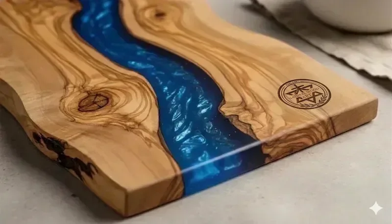 Blue epoxy resin river flowing through olive wood grain in a handcrafted cutting board