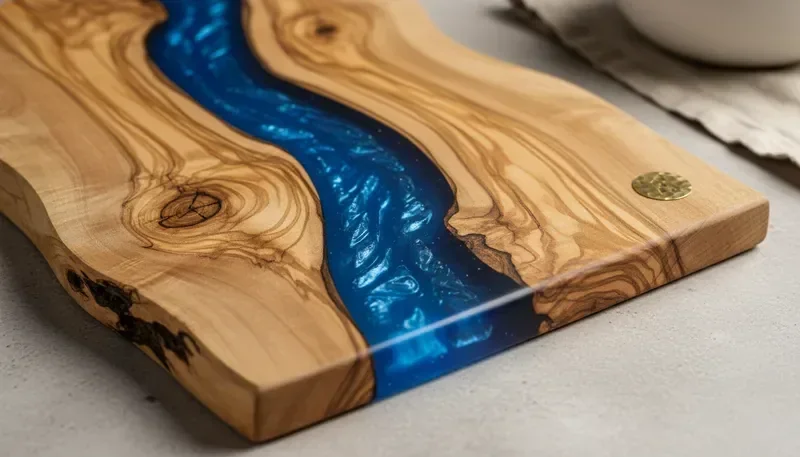 Blue epoxy resin river flowing through olive wood grain in a handcrafted cutting board
