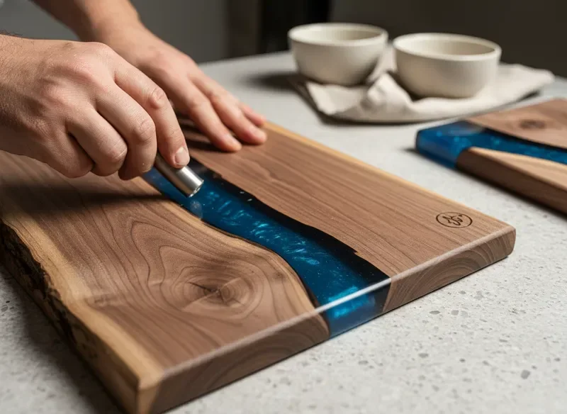 Artisan selecting a raw olive wood slab for crafting
