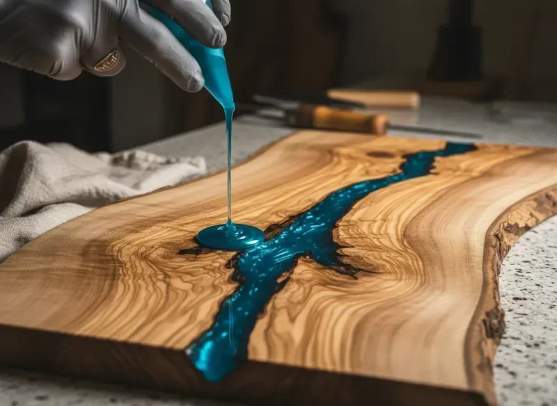 Pouring blue epoxy resin into olive wood slab void