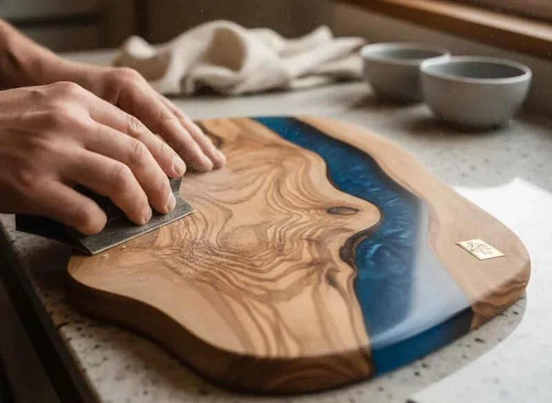 Craftsman hand-sanding a wood and epoxy resin cutting board