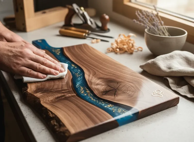 Applying final oil seal to completed olive wood and epoxy resin piece