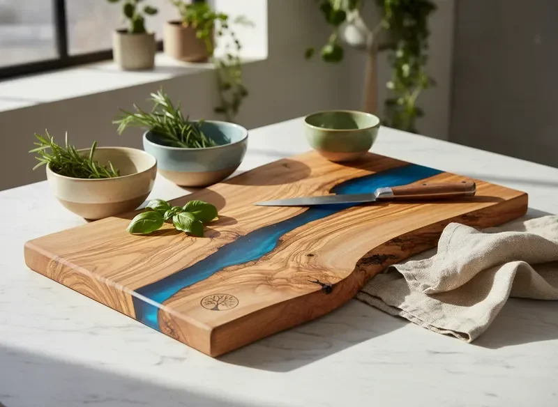 Handmade olive wood and epoxy cutting board styled in a refined kitchen setting