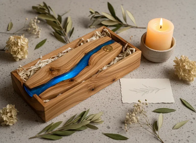 Handmade olive wood epoxy mezuzah presented as a ceremonial Judaica gift