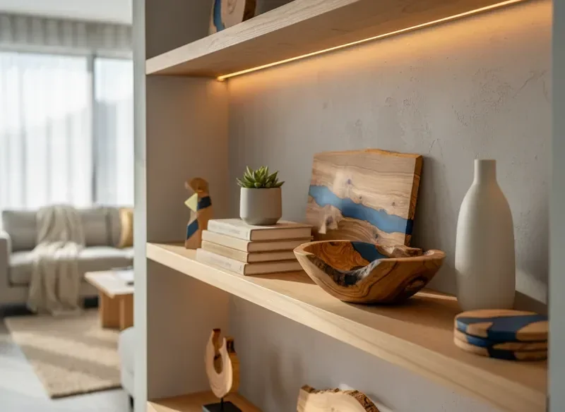 Handcrafted wood and epoxy resin pieces displayed as interior decor objects on a styled shelf