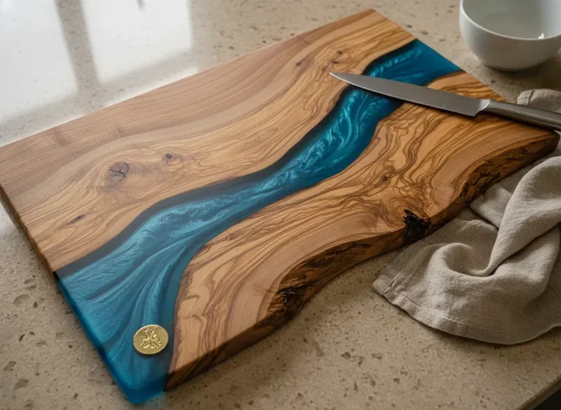Olive wood cutting board with blue epoxy resin river detail