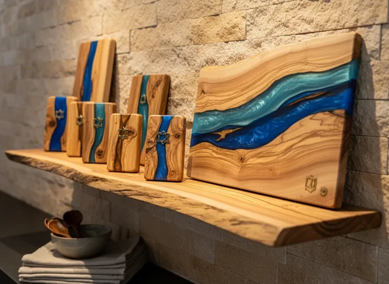 Collection of handmade mezuzahs and cutting boards displayed on a wooden shelf