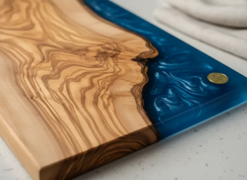 Macro detail of olive wood grain meeting blue epoxy resin on a cutting board edge