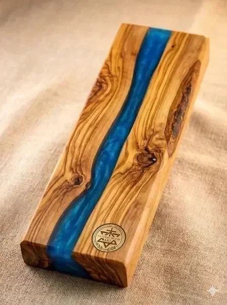 Handcrafted olive wood mezuzah with blue resin inlay
