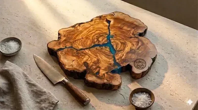 Olive wood cutting board detail with resin swirl