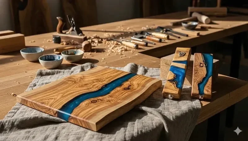 Handcrafted olive wood cutting boards and mezuzahs with epoxy resin in a natural wood art studio