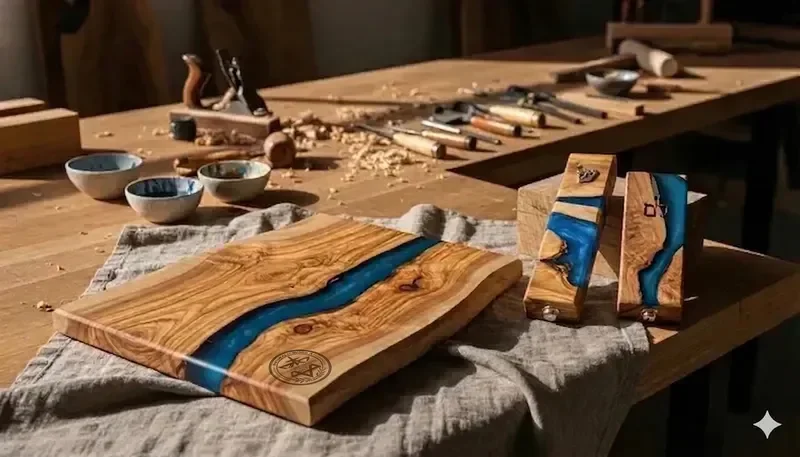 Handcrafted olive wood cutting boards and mezuzahs with epoxy resin in a natural wood art studio