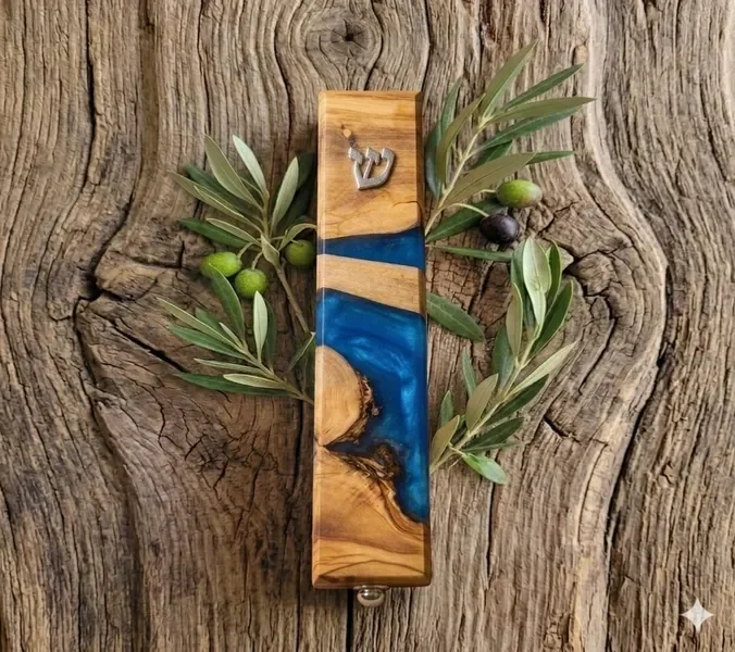 Handmade olive wood mezuzah with teal epoxy resin inlay