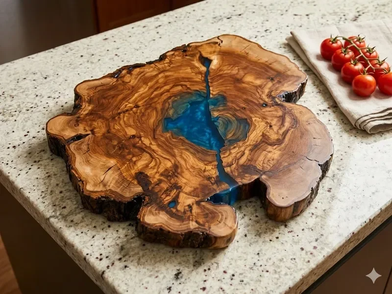 Acacia wood cutting board with amber epoxy resin edge detail styled with herbs