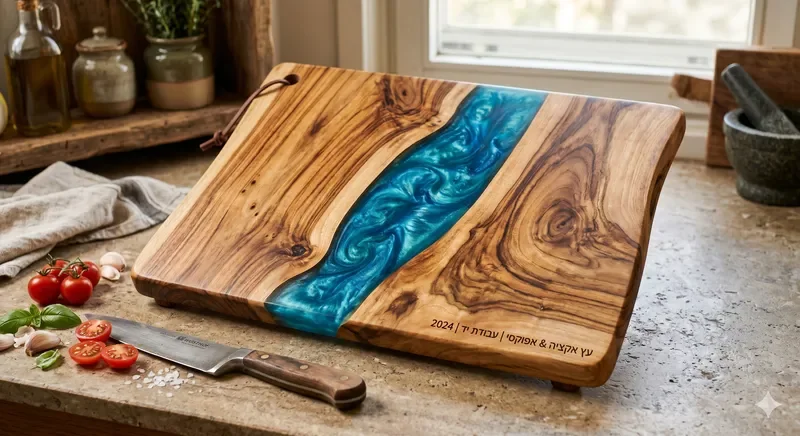 Acacia wood cutting board with amber epoxy resin edge detail styled with herbs
