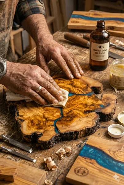 Macro detail of olive wood grain meeting blue epoxy resin on a cutting board edge