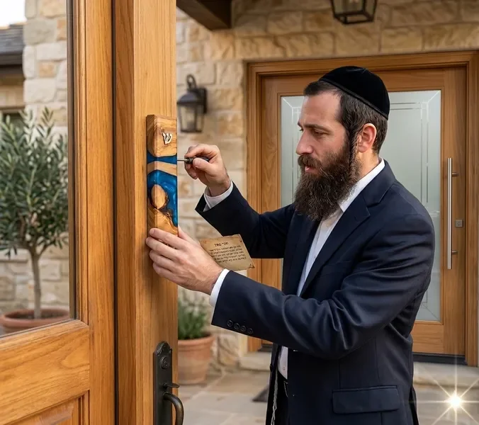 Handmade olive wood mezuzah with ocean-blue resin mounted on a home doorframe